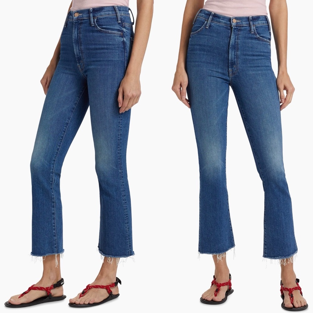 MOTHER The Hustler Ankle Fray Cropped Flare Raw Hem High Waisted Jeans Blue 23